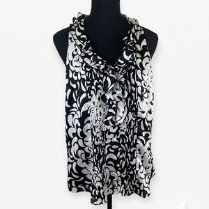 White House Black Market Ruffled Black and White Career Blouse Top L